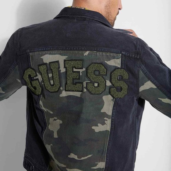 New GUESS Dillon Varsity Camo Denim Jacket sz M - Picture 3 of 12